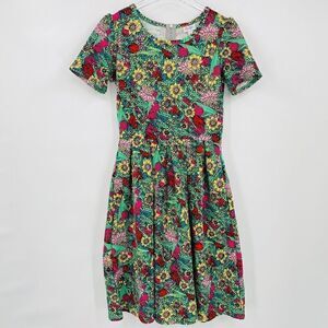 Lularoe Size Small Green & Pink Floral Fit & Flare Amelia Dress Short Sleeve